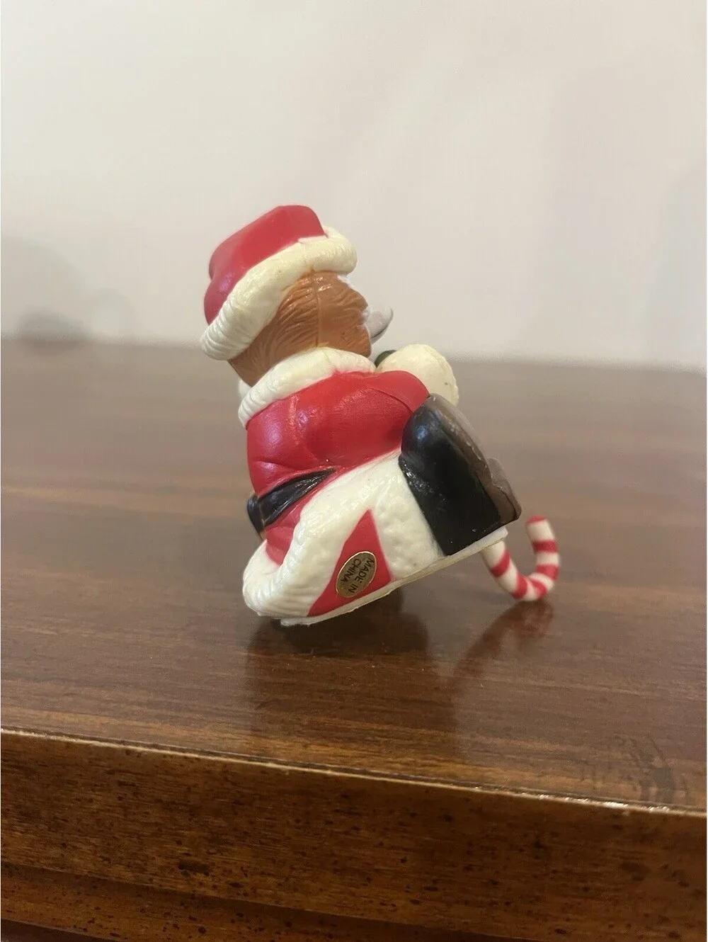 Vintage Christmas Raccoon Ceramic Figurine, Painted, Candy Cane Stocking Hanger
